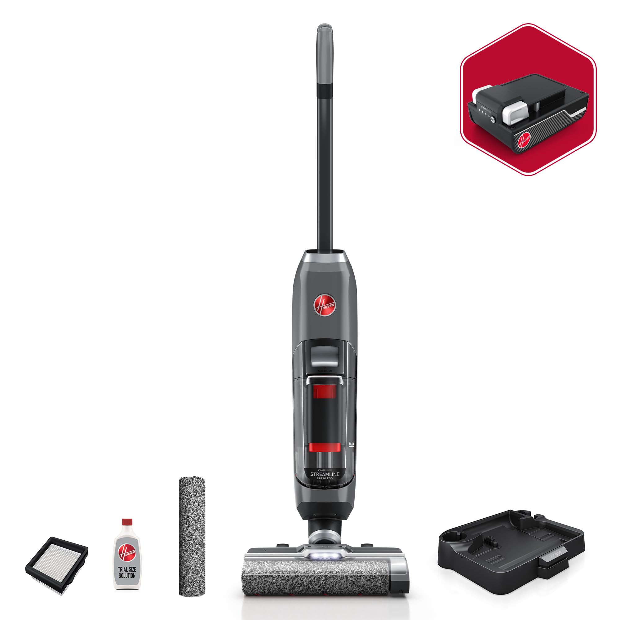 Limpiador de pisos inalámbrico Hoover ONEPWR, Wet Dry Vacuum con sistema de auto limpieza, bordes limpios, pantalla LCD premium, BH55400V, plata