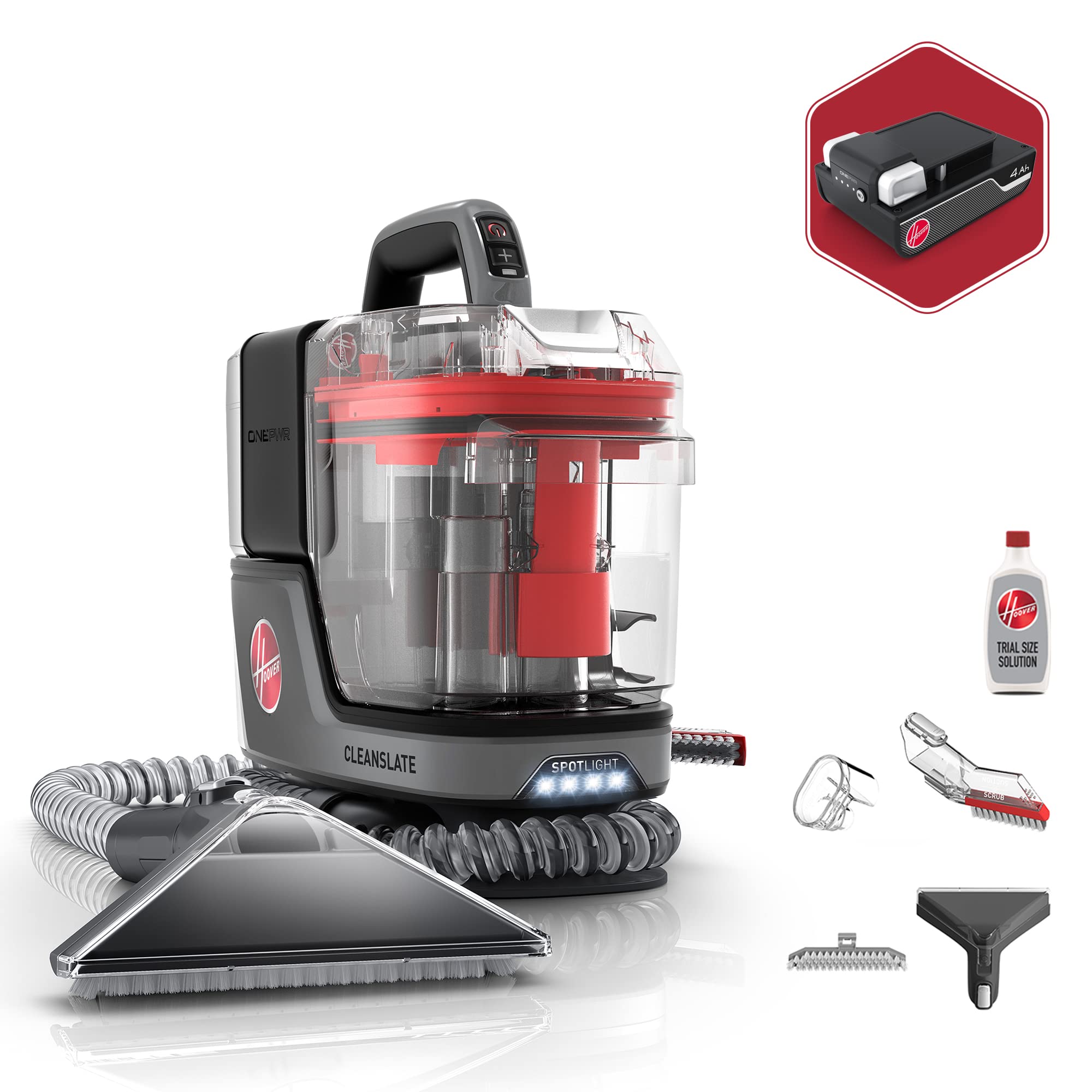 Limpiador de manchas para alfombras y tapicería portátil e inalámbrico Hoover ONEPWR CleanSlate, eliminador de manchas, para auto y detalle de autos, succión potente con herramientas versátiles, BH14000V, plata.