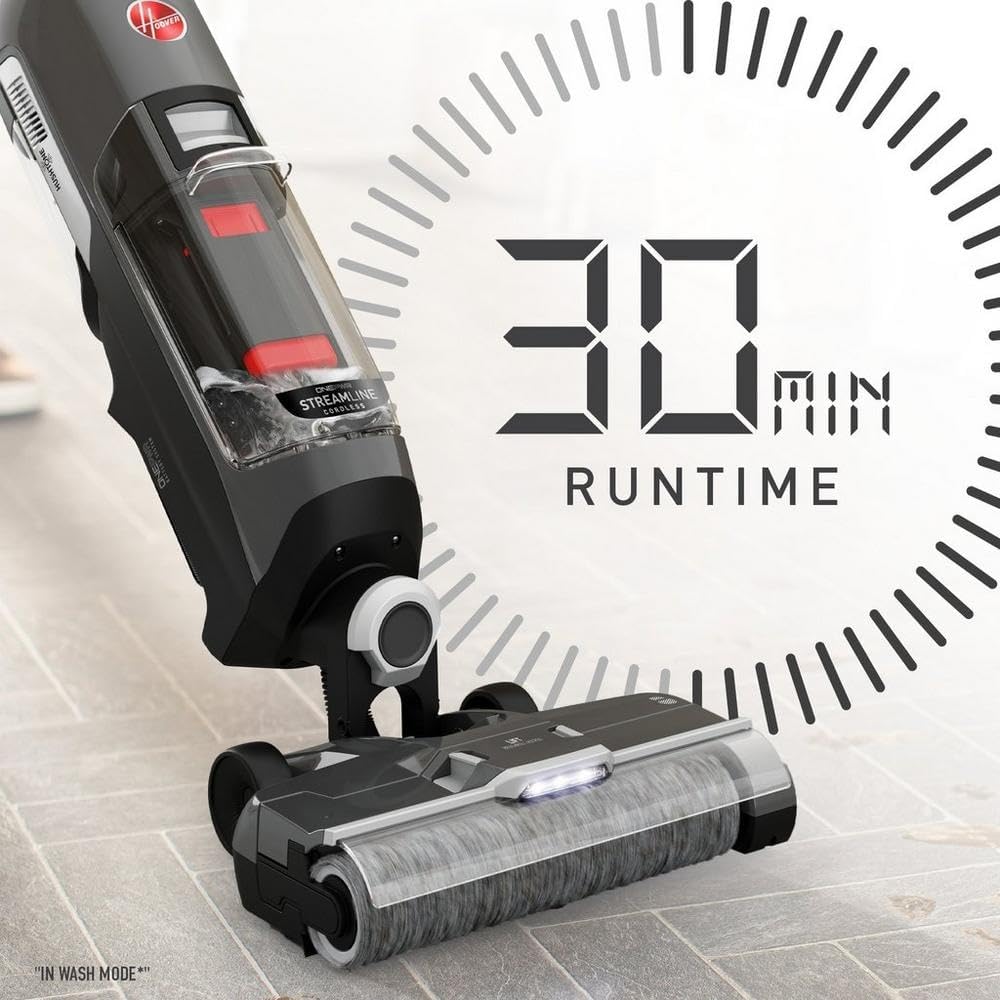 Limpiador de pisos inalámbrico Hoover ONEPWR, Wet Dry Vacuum con sistema de auto limpieza, bordes limpios, pantalla LCD premium, BH55400V, plata