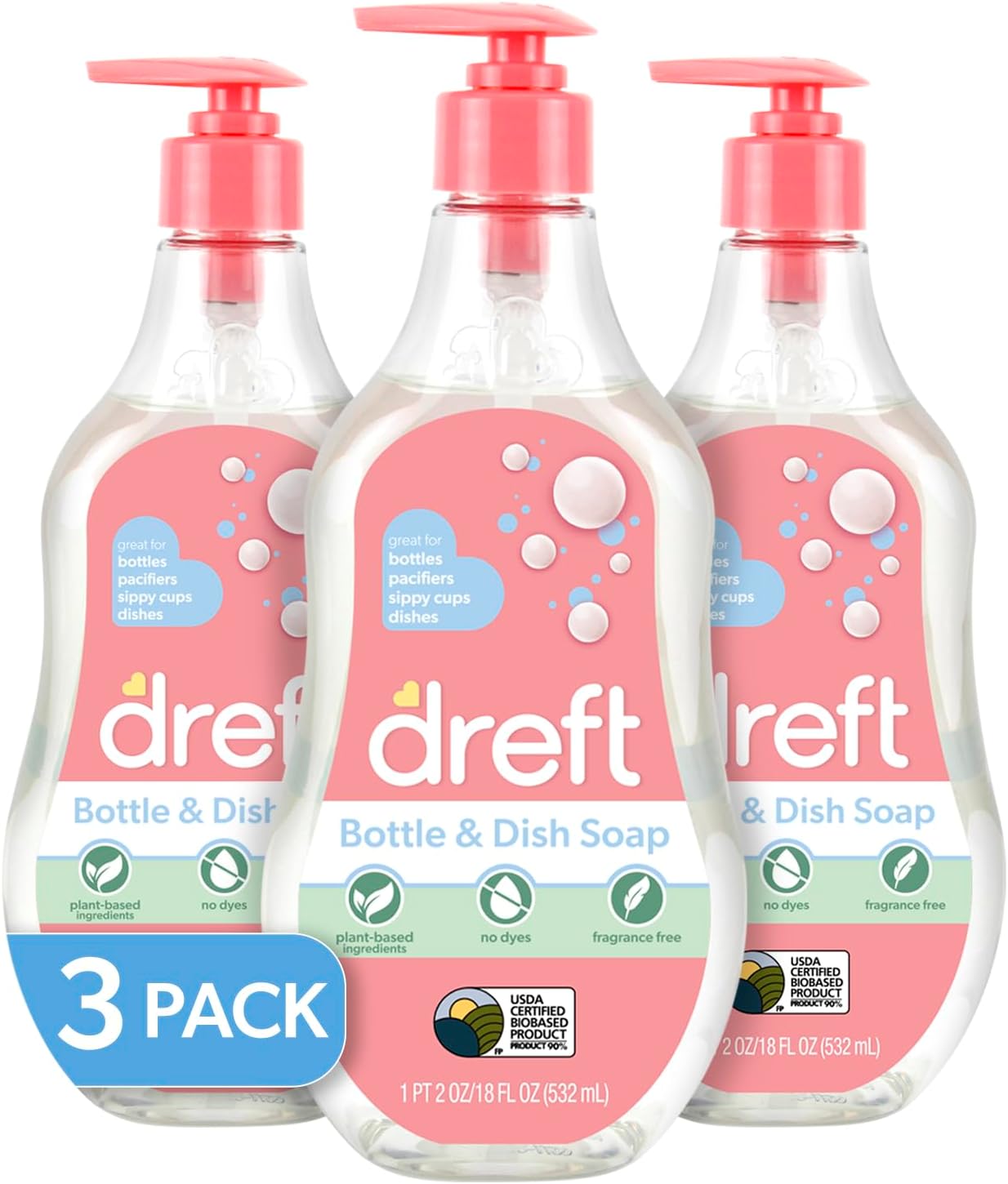 Líquido limpiador Dreft para biberones y platos, fórmula sin fragancia y a base de plantas, lavado para biberones de bebé, 18 fl oz (pack de 3)
