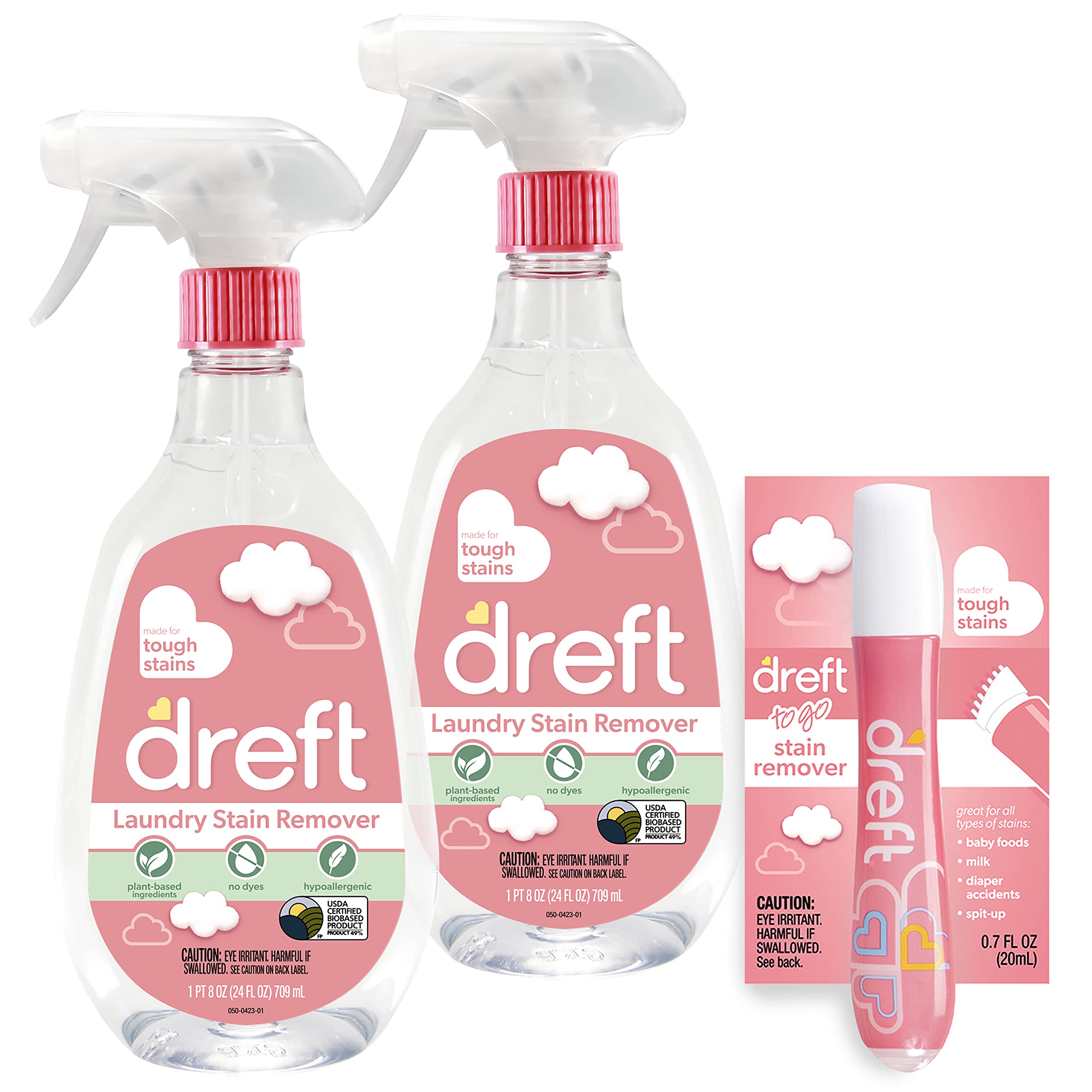 "Removedor de manchas Dreft para ropa de bebé, sin fragancia y hipoalergénico. Incluye spray removedor de manchas para bebé de tamaño de viaje y bolígrafo removedor de manchas de 24 oz (paquete de 2 + bolígrafo)"