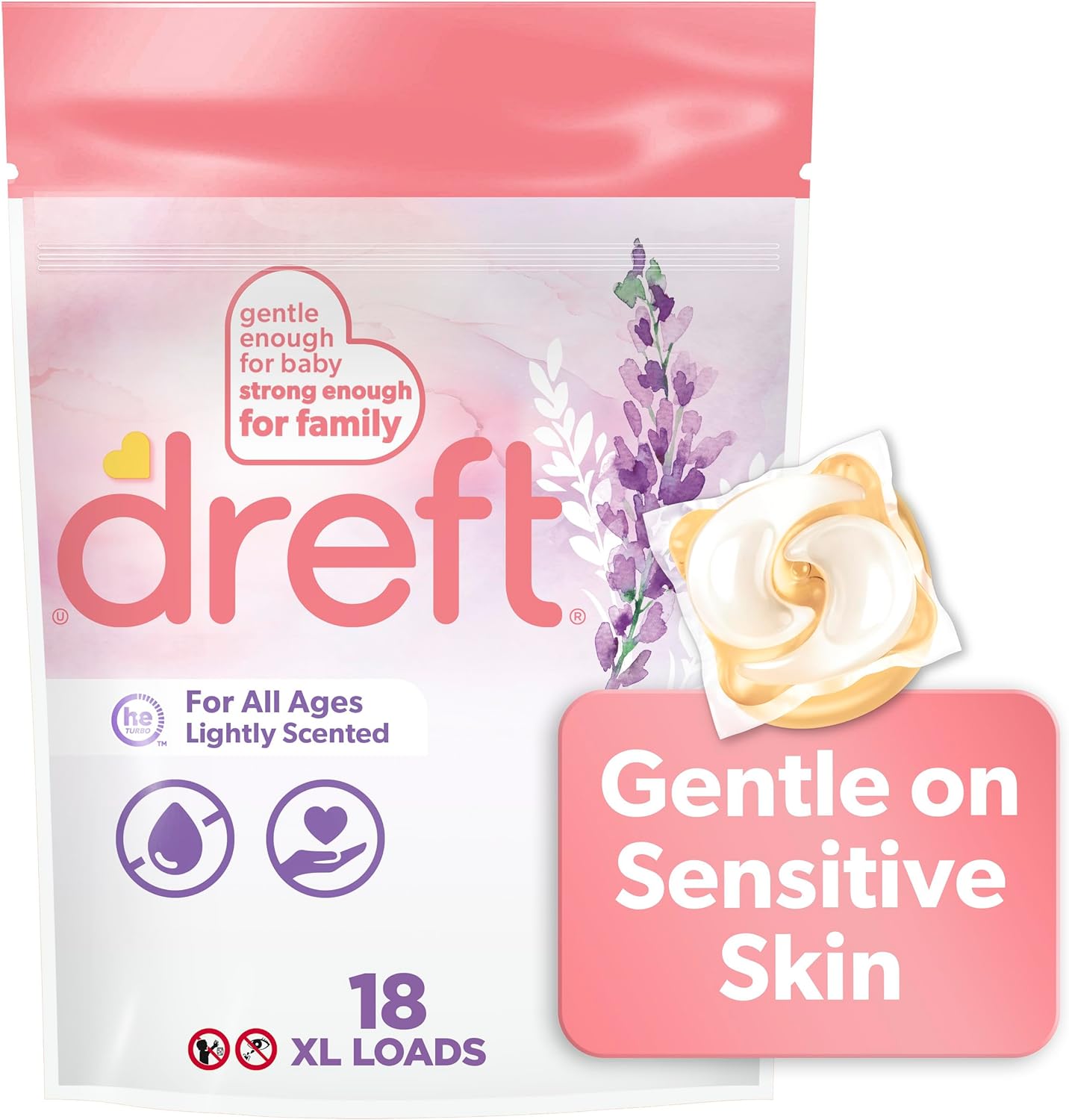 Detergente Dreft XL Pacs Suave aroma a lavanda - 18 piezas