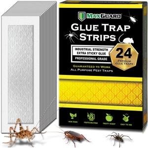 "Trampas MaxGuard con 24 trampas pegajosas pre-cebadas con olor a fruta para atrapar e insectos: arañas, grillos, escorpiones, cucarachas, ciempiés y ratones."
