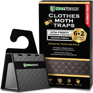 Trampas MaxGuard para Polillas de Ropa (6+2 Gratis) con Pheromonas Extra Fuertes | Trampa Pegajosa no Tóxica para Armarios y Polillas de Alfombras | Sin Bolas de Naftalina | Atrapa y Elimina Polillas de Tejidos