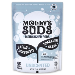 "Molly's Suds Dishwasher Pods | Detergente Lavavajillas Natural, Remueve Grasa y Deja Platos Brillantes | 60 Tabs Auto-Dosificantes (Sin Perfume)"
