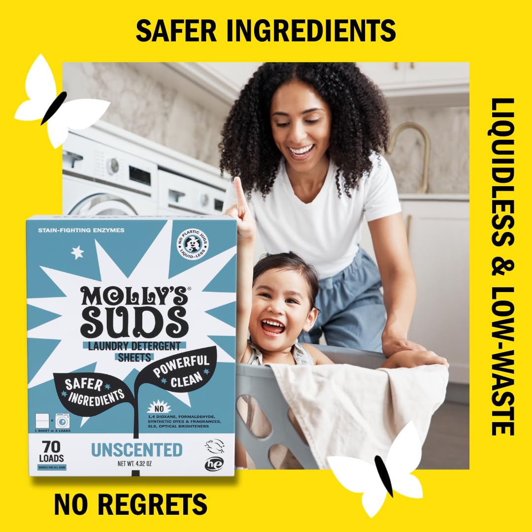 Molly’s Suds Hojas de Detergente para Ropa, Suave con Piel Sensible, Sin Líquido ni Plástico, 70 Cargas (sin fragancia) - Image 4