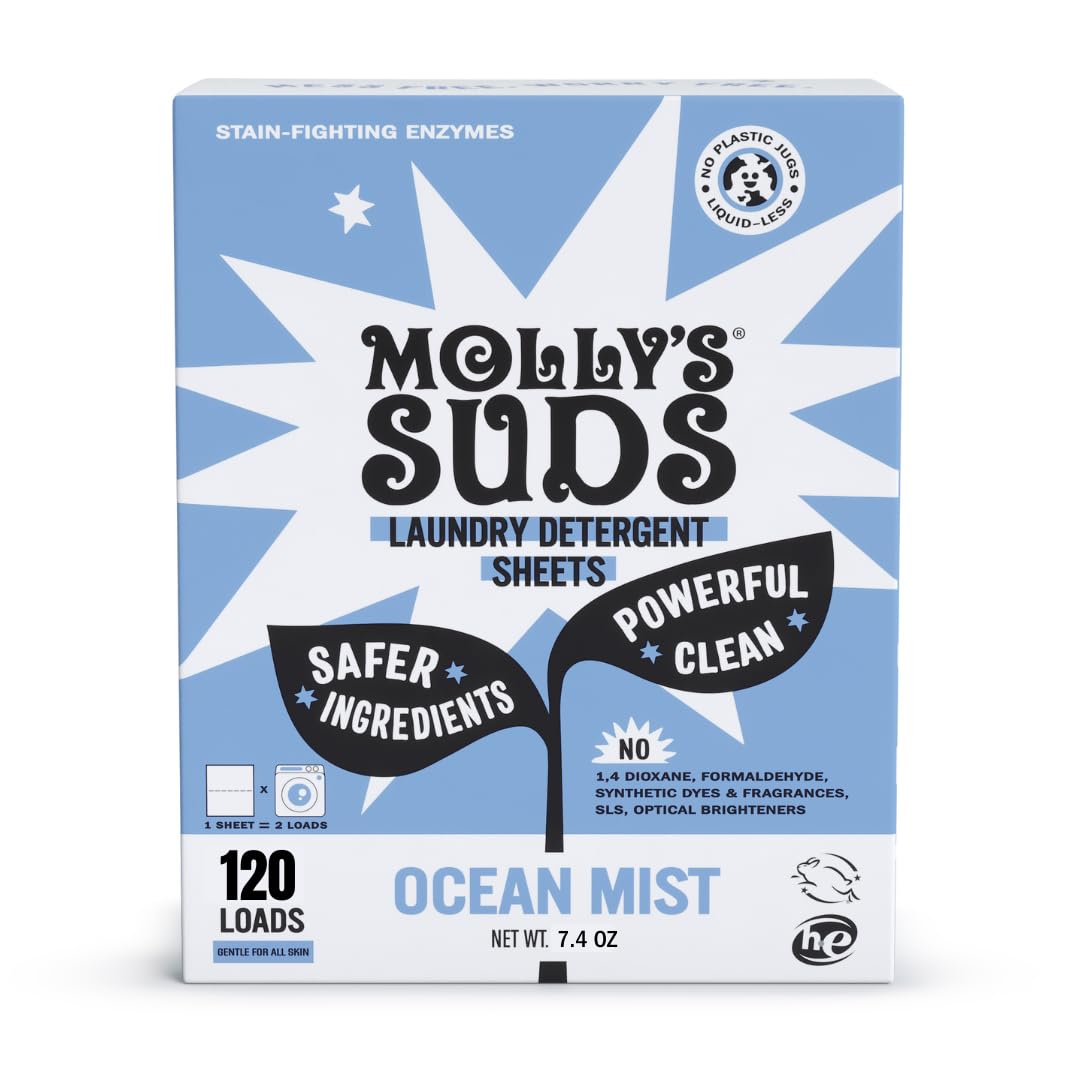 Detergente en Hojas Molly's Suds | Suave con Piel Sensible, Potentes Enzimas a Base de Plantas, Lucha contra Manchas | Sin Líquido y Sin Envases de Plástico | 120 Lavados (Aroma a Oceano)
