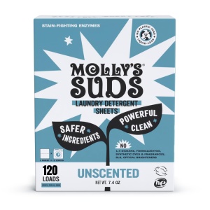 "Detergente en Hojas Molly's Suds | Suave con la piel sensible, Enzimas de Plantas Poderosas, Combate Manchas | Empaque sin Líquido y sin Plástico | 120 cargas (sin fragancia)"