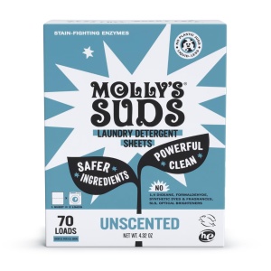 Detergente en Hojas de Molly's Suds | Suave con Piel Sensible, Potentes Enzimas de Origen Vegetal, Combate Manchas | Empaque Sin Líquido y Sin Plástico | 70 Cargas (Sin Fragancia)