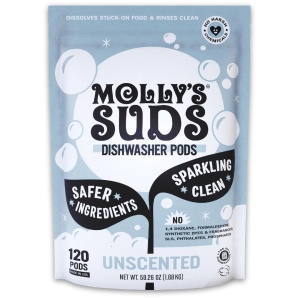 "Tabletas Lavavajillas Molly's Suds | Detergente Natural Corta Grasa y Enjuaga Limpiamente (Sin Residuos) para Platos Relucientes | 120 Pestañas de Liberación Automática (Sin Fragancia)"