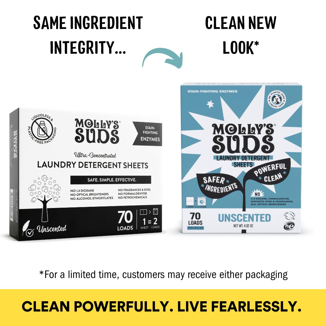 Molly’s Suds Hojas de Detergente para Ropa, Suave con Piel Sensible, Sin Líquido ni Plástico, 70 Cargas (sin fragancia) - Image 2