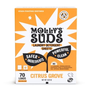 "Detergente en hojas Molly's Suds | Suave para piel sensible, enzimas de origen vegetal poderosas, combate manchas | Empaque sin líquidos ni plásticos | 70 cargas (Citrus Grove)"