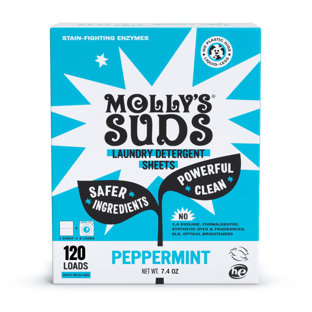 "Detergente en hojas Molly's Suds | Suave con pieles sensibles, potentes enzimas basadas en plantas, eliminación de manchas | Empaque sin líquido ni plástico | 120 cargas (menta)"