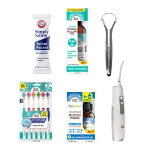"Kit para una mejor salud dental con aceite de CocoMint, cepillo de dientes, enjuague bucal concentrado, irrigador portátil y paquetes de solución salina - 5 piezas"