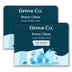 "Detergente en hojas Grove Co., poder de limpieza y eliminación de manchas (2 pack - 64 cargas) Fórmula sin fragancia Free & Clear"