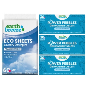 "Paquete detergente ropa Earth Breeze sin fragancia (1 unidad) + tabletas lavavajillas Power Pebbles sin fragancia (3 unidades)"