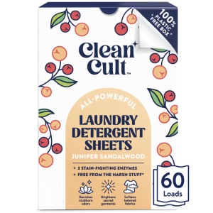 "Detergente en hojas para lavandería Cleancult - Caja reutilizable - 3 enzimas para combatir manchas - Junípero y Sándalo - 60 cargas - Libre de químicos agresivos - Sin desorden - Sin desperdicio de plástico"