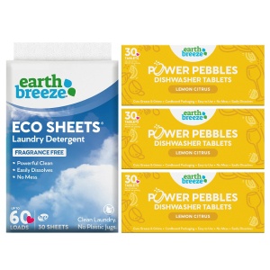 Earth Breeze Detergente en Hojas, Sin Fragancia (1 Pack) + Power Pebbles Tabletas Lavaplatos, Limón Citrus (3 Pack)