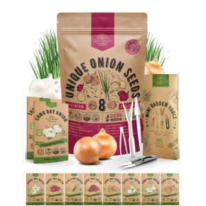 Juego variedad de semillas de cebolla Organo Republic 8 Heirloom, No-GMO, para cultivo en interiores y exteriores. 2200+ semillas: Walla Walla, cebolla verde, roja Borgoña, blanca y amarilla dulces españolas.