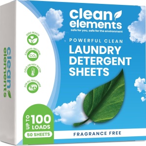 Detergente en hojas Clean Elements (100 cargas, 50 hojas) sin fragancia, amigable con el planeta y seguro para personas. Ideal para viajar y lavar en casa.