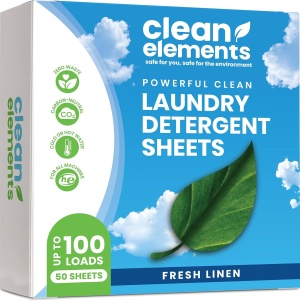 Detergente en hojas Clean Elements (100 cargas, 50 hojas) lino fresco, amigable con el planeta y seguro para personas. Ideal para viajar y lavar en casa.