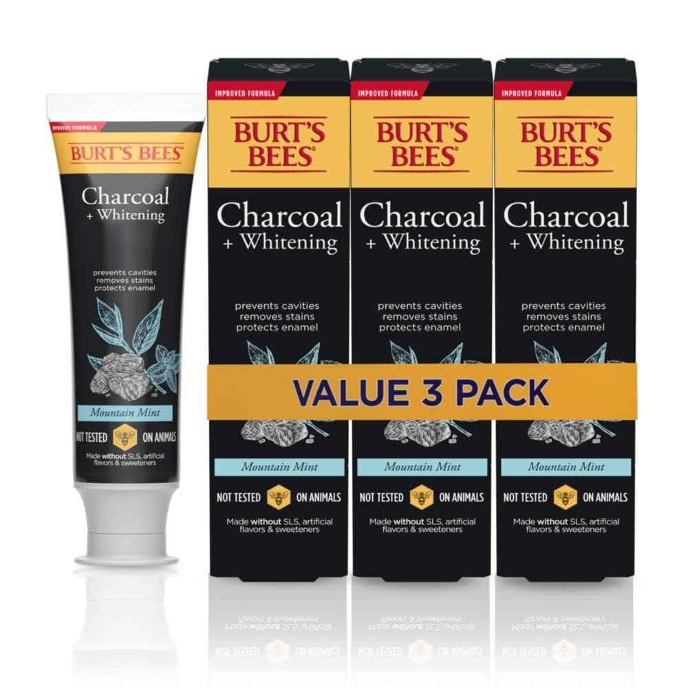 Pasta Dental Burt's Bees con Carbón, Sabor Natural, con Fluoruro, Menta de Montaña, 3 x 4.7oz