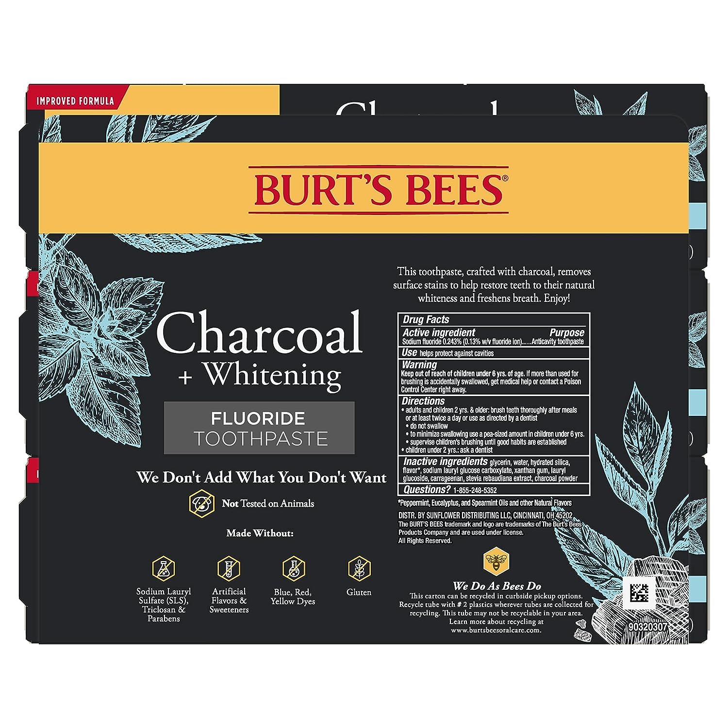 Pasta Dental Burt's Bees con Carbón, Sabor Natural, con Fluoruro, Menta de Montaña, 3 x 4.7oz