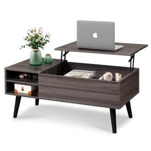 -Mesa de centro con almacenamiento y tapa elevable para sala de estar, compartimento oculto y estante ajustable, diseño moderno de mediados de siglo, madera, gris. (98 caracteres)