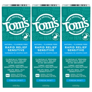 "Pasta de dientes Tom's of Maine sin fluoruro, alivio rápido para dientes sensibles, menta fresca, 4 oz. 3-pack (Embalaje puede variar)"