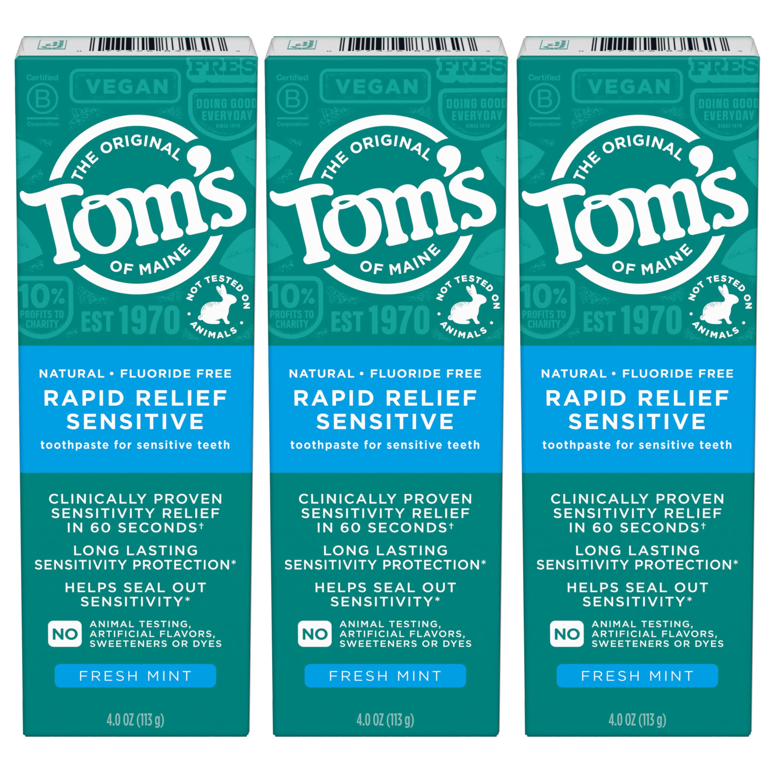 "Pasta de dientes Tom's of Maine sin fluoruro, alivio rápido para dientes sensibles, menta fresca, 4 oz. 3-pack (Embalaje puede variar)"