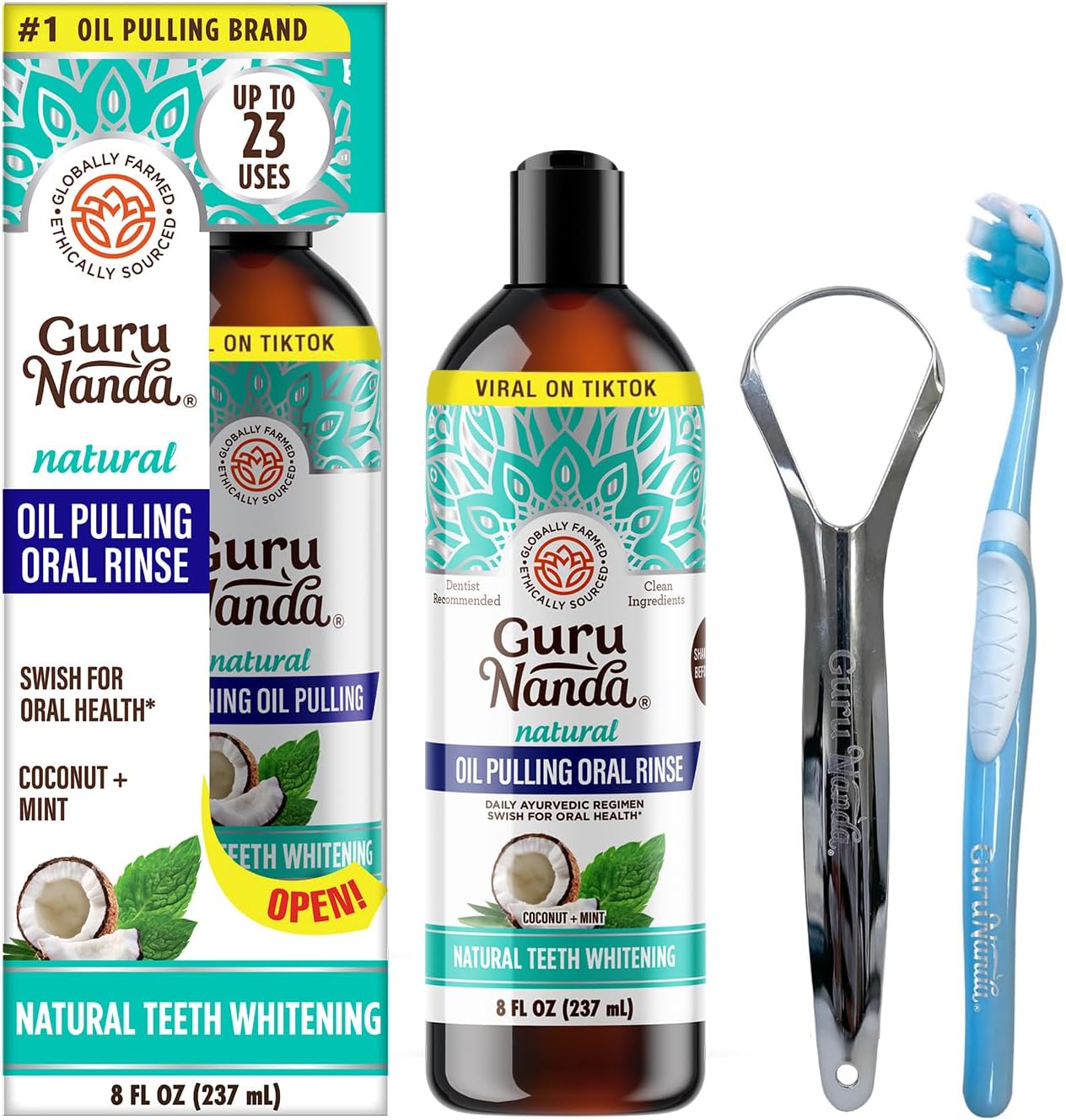 Enjuague Bucal GuruNanda de Aceite de Coco, Blanqueamiento y Frescura, 7 Aceites Esenciales y Vitaminas para Dientes y Encías Felices, Sin Alcohol, 8 oz