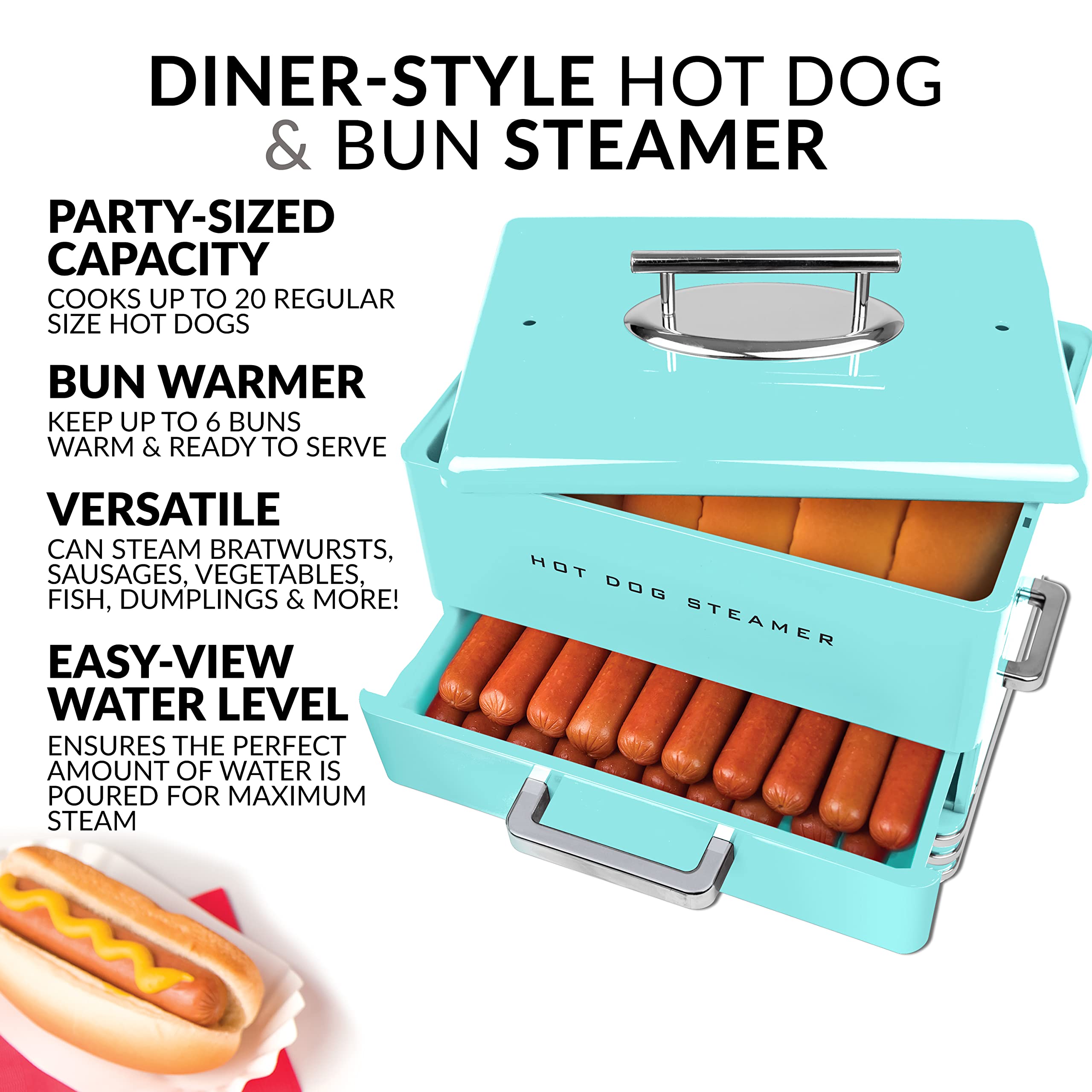 Vaporera Extra Grande Estilo Diner, 20 Perros Calientes y 6 Panes, Ideal para Salchichas, Bratwurst, Verduras, Pescado, Acero