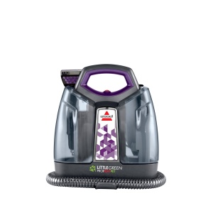 Limpiador portátil BISSELL para alfombras y tapicería con herramienta de autolimpieza HydroRinse en púrpura.