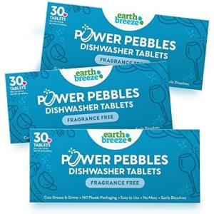 Tabletas lavavajillas Power Pebbles de Earth Breeze - 30 tabletas (3 paquetes), 90 cargas, elimina grasa y suciedad, fáciles de usar, sin fragancia