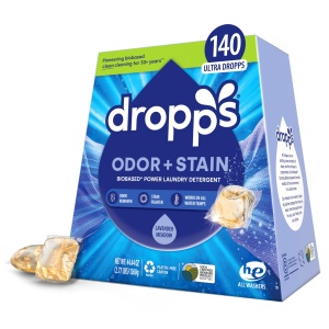 "Pods Detergente Lavandería Dropps, Poder Bio para Olor y Manchas, Lavanda (140 unid) - HE Compatible y Eco-friendly"