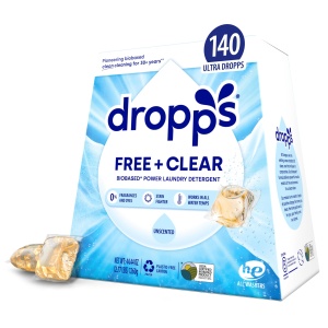 "Detergente en cápsulas biobasadas Dropps Free + Clear, sin fragancia (140 unidades)- Cuidado de la ropa HE compatible- Económico y ecológico"
