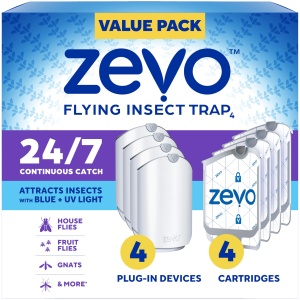 "Trampas para insectos voladores Zevo - Cazador de moscas y bichos de interior - Captura sin ensuciar - Incluye 4 dispositivos y 4 cartuchos - Luz azul y UV"