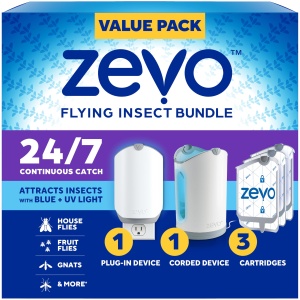 Trampa para insectos voladores Zevo MAX para interiores - Atrapa moscas de la fruta y mosquitos con este atrapasueños - Uso en cualquier habitación - Sin desorden (2 bases enchufables y 3 cartuchos)