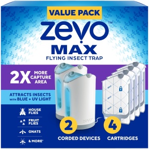 "Trampa de Insectos Zevo MAX para Interiores - Atrapa Moscas, Mosquitos y Mosquitos de Frutas - Fácil Eliminación (2 Bases con Enchufe y 4 Cartuchos) - Para Cualquier Habitación"