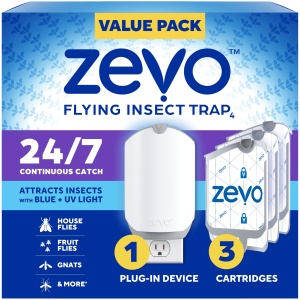 Trampa Para Insectos Voladores Zevo + 3 Cartuchos - Atrapa Moscas y Bichos en Interiores - Sin Desorden - Usar en Cualquier Habitación - Luz Azul y UV
