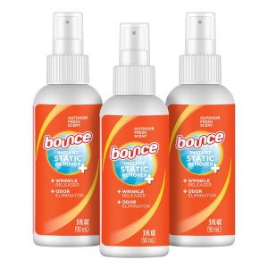 Anti Estático Bounce 3 en 1 Spray Instantáneo Antiestático y Eliminador de Arrugas, Eliminador de Olores y Refrescante de Telas, Tamaño de Viaje 3oz 3 pack