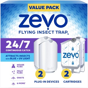 Trampa de insectos voladores Zevo 2, 2 cartuchos incluidos - Trampa de enchufe para moscas y atrapa insectos en interiores para mosquitos, moscas de la fruta y moscas de la casa - Sin desorden - Úsala en cualquier habitación - Luz azul y UV (2 dispositivos de enchufe y 2 cartuchos)