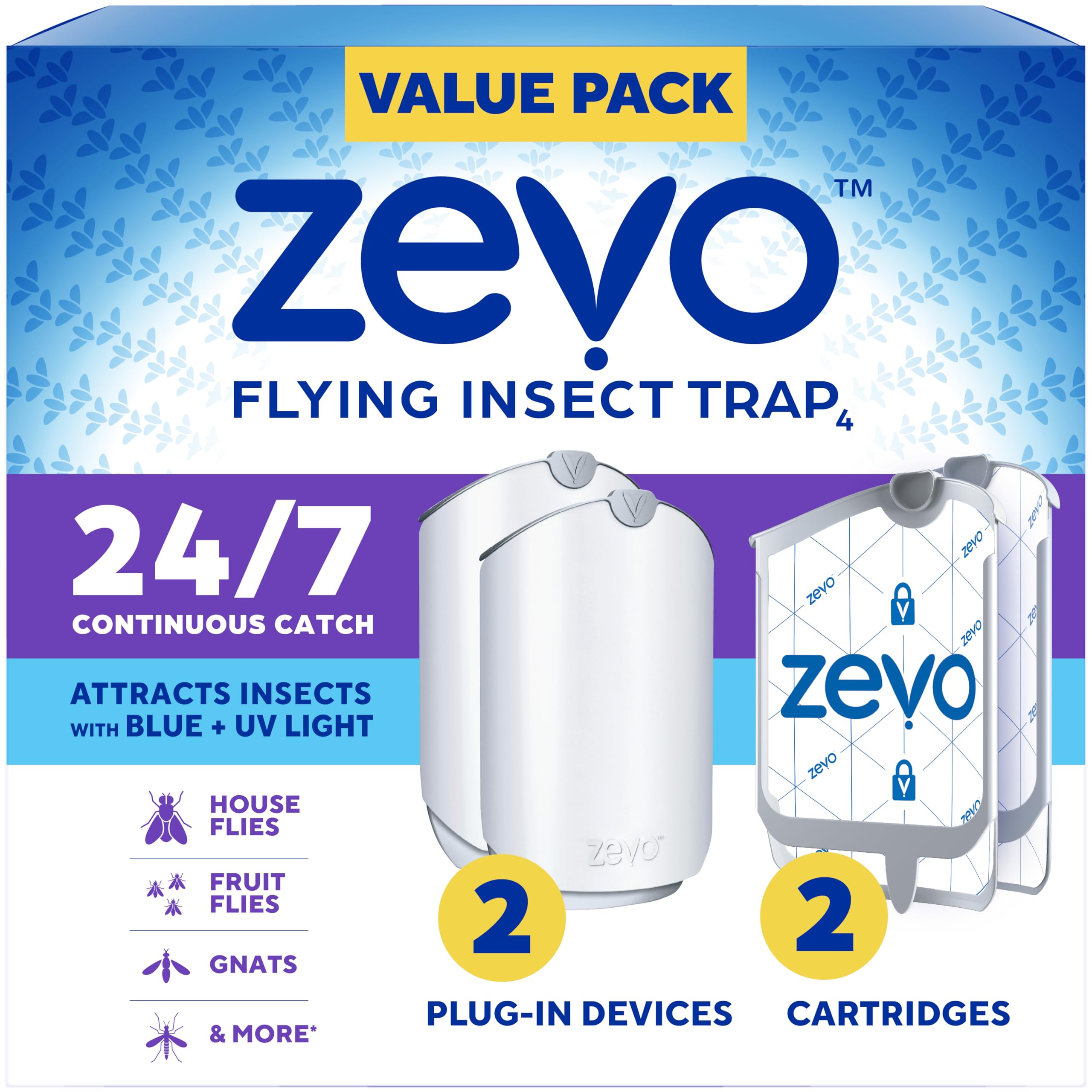 Trampa de insectos voladores Zevo 2, 2 cartuchos incluidos - Trampa de enchufe para moscas y atrapa insectos en interiores para mosquitos, moscas de la fruta y moscas de la casa - Sin desorden - Úsala en cualquier habitación - Luz azul y UV (2 dispositivos de enchufe y 2 cartuchos)