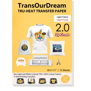 Papel de transferencia de calor TransOurDream para camisetas (8.5x11'', 15 hojas) para tela ligera y vinilo transferible imprimible con impresora de inyección de tinta (TOD-4-15)
