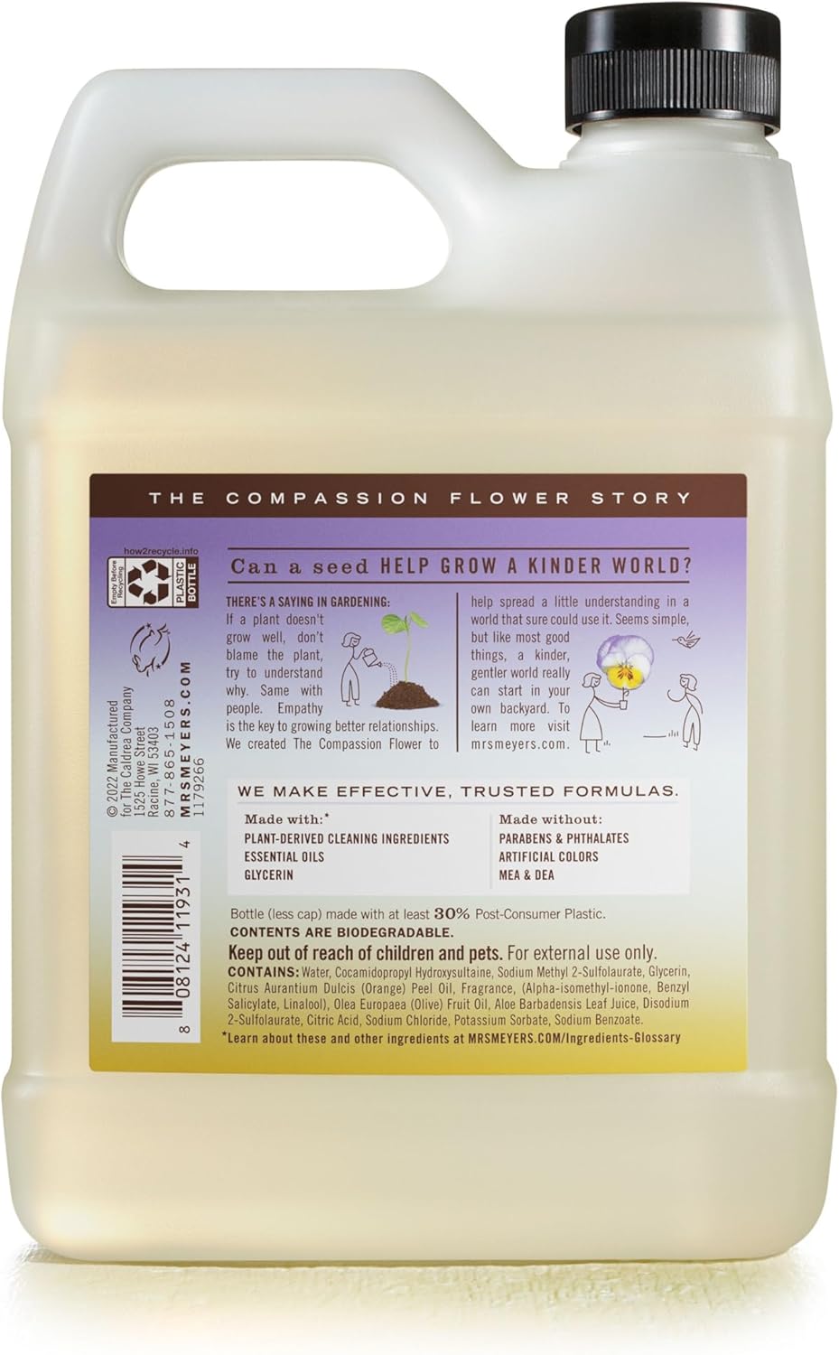 Recambio Jabón Líquido Vajilla MRS. MEYER'S CLEAN DAY, Fórmula Biodegradable, Flor Compasión, Envase Variado, 48 oz