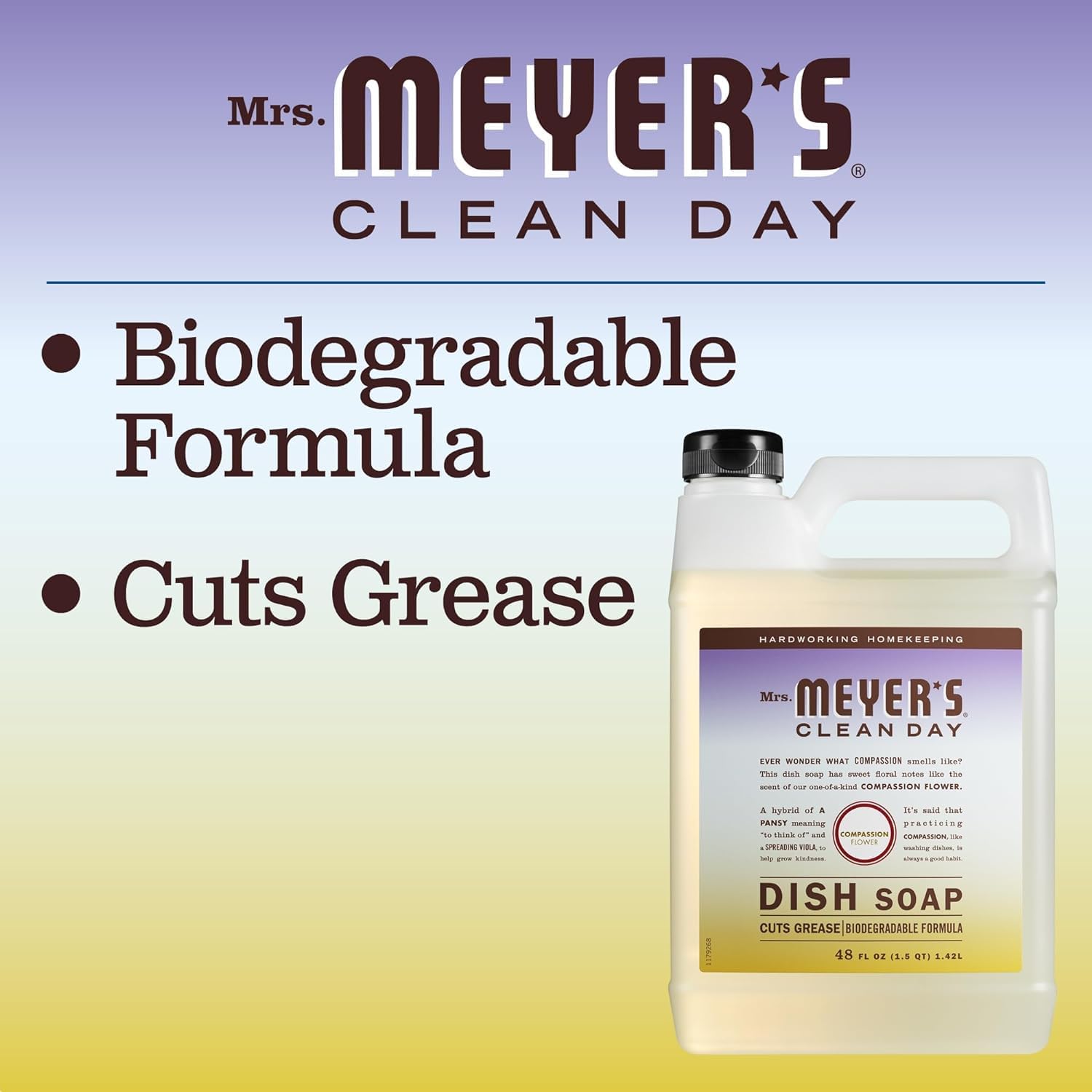 Recambio Jabón Líquido Vajilla MRS. MEYER'S CLEAN DAY, Fórmula Biodegradable, Flor Compasión, Envase Variado, 48 oz