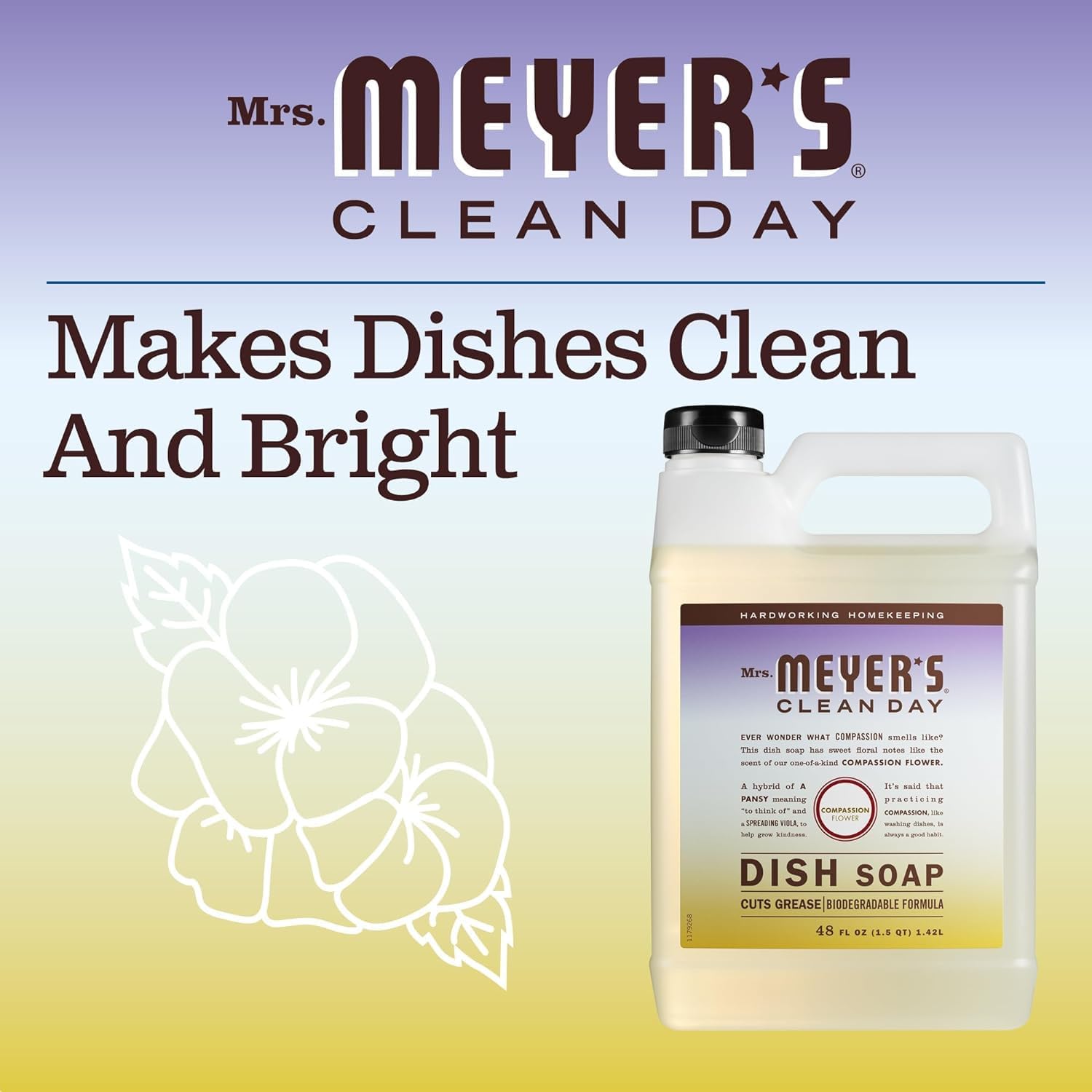Recambio Jabón Líquido Vajilla MRS. MEYER'S CLEAN DAY, Fórmula Biodegradable, Flor Compasión, Envase Variado, 48 oz