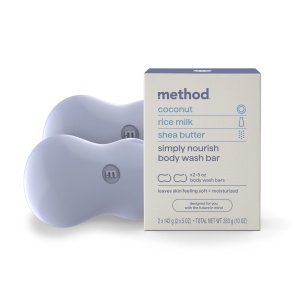 Jabón Method Bar, Nutrición Natural, Coco, Leche de Arroz + Notas de Manteca de Karité, Libre de Plástico, 2 barras, 5oz cada una