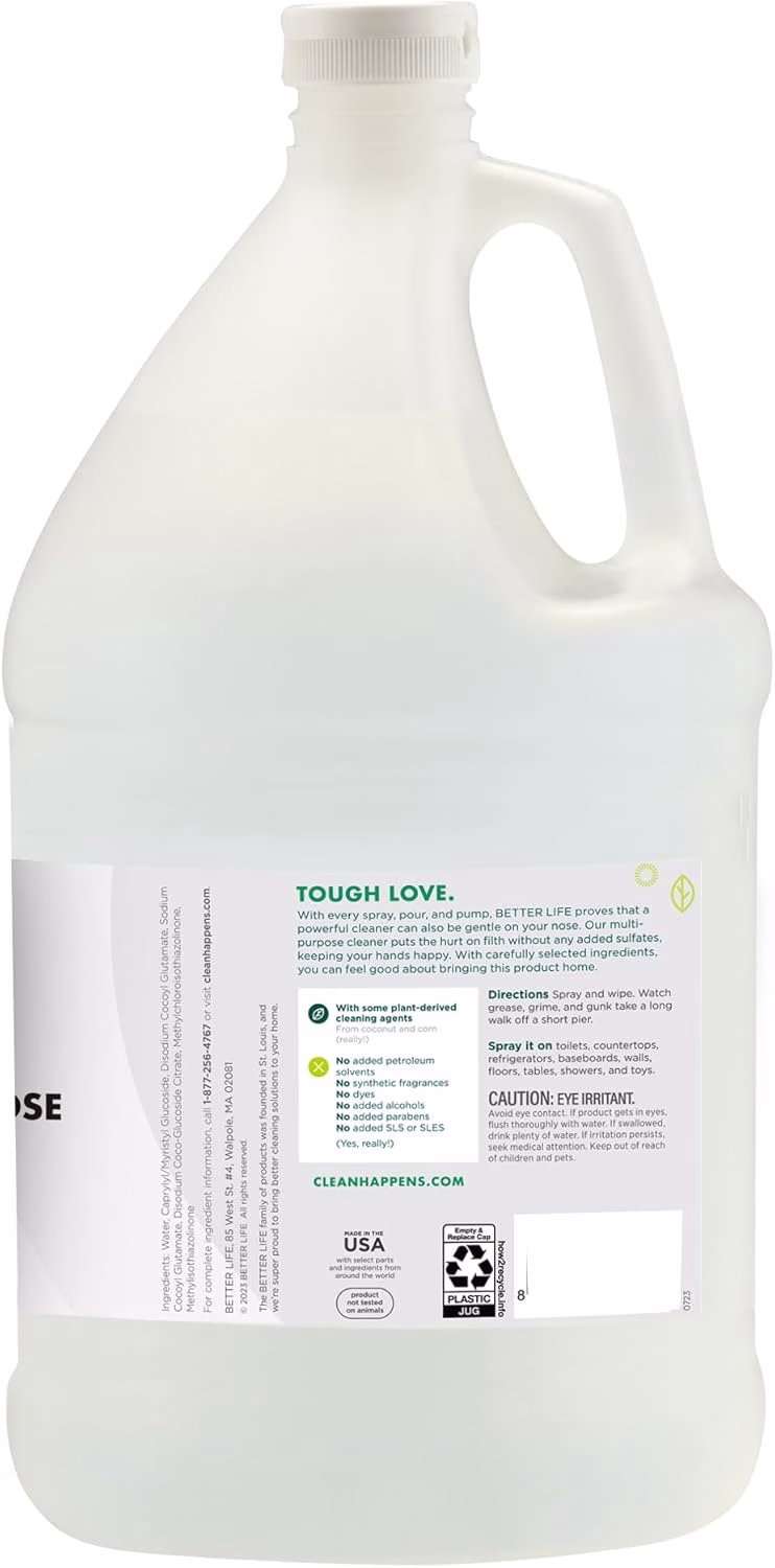 Limpiador todo uso para el hogar y la cocina Better Life - Spray multiusos para cristales, encimeras, electrodomésticos, tapicerías y más - Limpiador en spray para superficies múltiples - Galón de relleno sin aroma