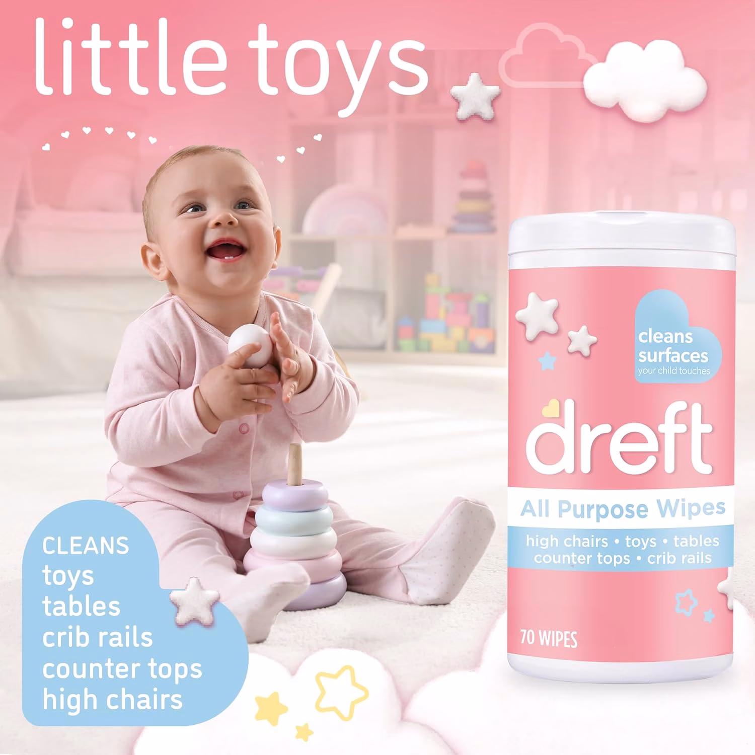 Toallitas de Limpieza Multi-Superficie para Bebés Dreft 70 Unidades (Paquete de 4)